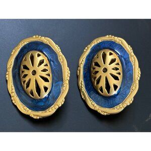 Vtg Avon 1980's Clip On Earrings Navy Blue Enamel Cut Out Oval‎ Satin Gold Tone